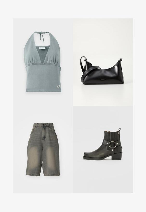Halternek crop top in gedempt grijs, gemaakt van zachte stof, met een geplooid decolleté, mesh details en een klein logo label aan de onderkant.; Jaded London LIGHT WASH JUMBO JORTS - Jeansshort - light wash; Zwarte leren enkelboot met een ronde neus, ribbelige elastische zijkanten, een metallic ringaccent en een lage blokhak.; Zwarte leren handtas met een gladde textuur. Beschikt over een verstelbare schouderband en een strak, minimalistisch ontwerp met een ritssluiting.