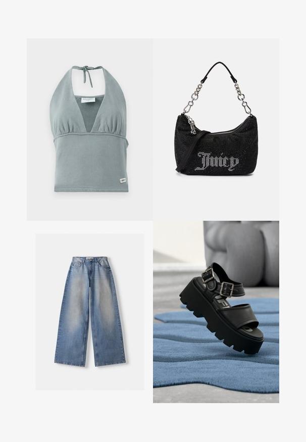 Halternek crop top in gedempt grijs, gemaakt van zachte stof, met een geplooid decolleté, mesh details en een klein logo label aan de onderkant.; Brede blauwe denim jeans met hoge taille en vervaagde details, plat gelegd op een witte achtergrond.; Zwarte chunky platform sandaal met twee zilveren gespen op een blauw gestructureerd tapijt, op de achtergrond een wazige grijze sculptuur.; Zwarte tas met rhinestone versieringen, een gebogen vorm en een zilveren kettinghandvat. Voorzien van een rits en het "Juicy" logo in het wit.