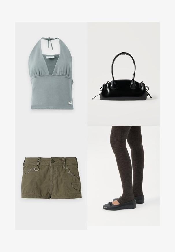Halter-neck crop top i dæmpet grå, lavet af blødt stof, med en sammensunket buste, mesh-detaljer og et lille logo mærke ved kanten.; Olivengrønne shorts lavet af et letvægtsstof, med en talje med metalaccenter og sidelommer. Struktureret overflade med stikningsdetaljer.; Ben iført mørke ribbede leggings kombineret med sorte balletsko med små sløjfedetaljer på hvid baggrund.; Lille sort blank håndtaske med to lange håndtag og snøre-detaljer i siden på en ensfarvet lys baggrund.