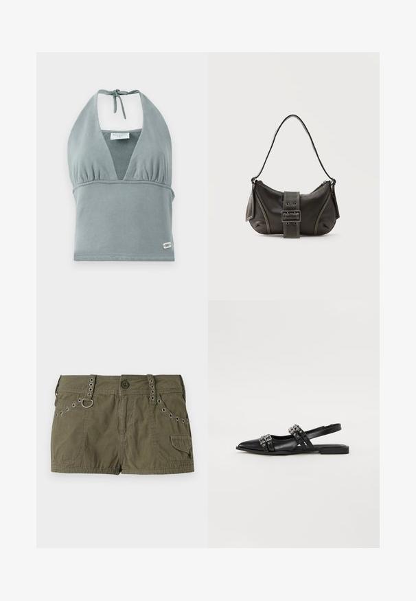 Crop top à col halter en gris doux, fabriqué en tissu doux, avec un bustier froncé, des détails en maille et une petite étiquette logo en bas.; Shorts vert olive en tissu léger, avec une taille ornée d'accents métalliques et des poches latérales. Surface texturée avec des détails de couture.; Even&Odd by Zalando Ballerines à brides arrière - black; Sac à épaule en cuir noir avec une sangle à boucle, des bords arrondis et des coutures blanches contrastées sur un fond uni.