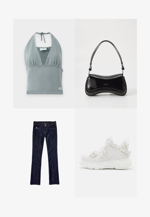 Crop top à col halter en gris doux, fabriqué en tissu doux, avec un bustier froncé, des détails en maille et une petite étiquette logo en bas.; Jean en denim bleu foncé avec une coupe droite, dotée d'une fermeture à bouton à l'avant, de cinq poches et de coutures visibles le long des coutures.; Baskets blanches épaisses avec une semelle épaisse et des accents décoratifs de papillons en 3D sur le côté, les lacets et le talon.; Sac à main en vernis noir avec une forme courbée, une poignée unique et un fond arrondi. Présente un détail de logo discret à l'avant.
