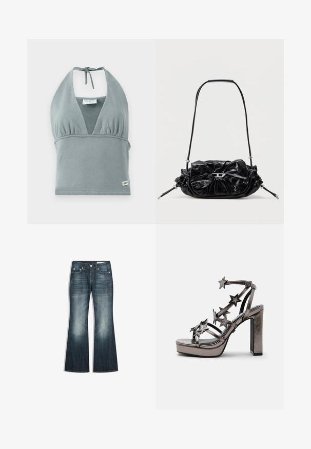 Halternek crop top in gedempt grijs, gemaakt van zachte stof, met een geplooid decolleté, mesh details en een klein logo label aan de onderkant.; Donkerblauwe bootcut jeans met vervaagde gebieden op de dijen en knieën, ontwerp met vijf zakken en metalen knoopsluiting.; Metallic sandalen met hoge hak, plateauzool en meerdere riempjes versierd met stervormige versieringen en een enkelgesp.; Zwarte leren handtas met een geplooid design en een strikdetail aan de voorkant. Voorzien van een korte handgreep en zilverkleurige metalen accenten.