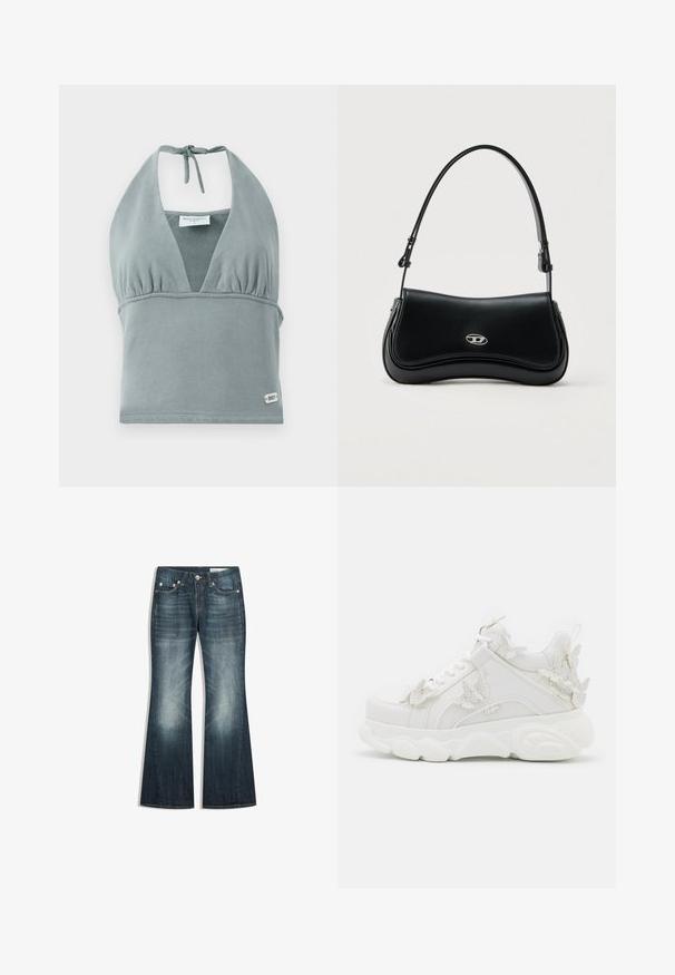 Halter krčný crop top v tlmených šedých farbách, vyrobený z mäkkej tkaniny, s naškrobeným dekoltom, sieťkovými detailami a malou logo nášivkou na leme.; Tmavomodré džínsy bootcut s vyblednutými časťami na stehnách a kolenách, dizajn s piatimi vreckami a kovovým zapínaním na gombík.; Biela robustná teniska s hrubou podrážkou a dekoratívnymi 3D motýľovými detailmi na boku, šnúrkach a päte.; Čierna kožená kabelka s oblým preklopom a strieborným oválnym logom, vybavená nastaviteľným ramenným popruhom, na jednoduchom svetlom pozadí.