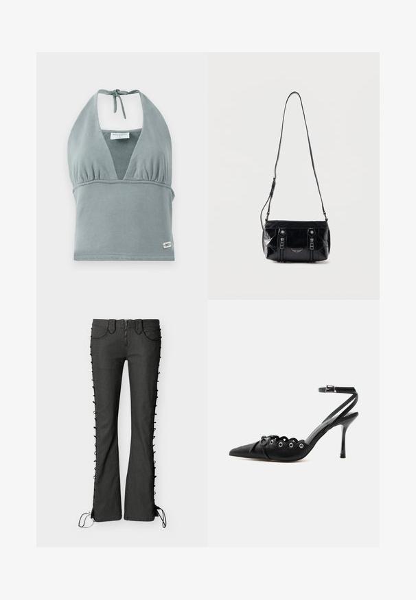Το μπλουζάκι crop top με λαιμόκοψη halter σε ήσυχο γκρίζο χρώμα, φτιαγμένο από μαλακό ύφασμα, διαθέτει συγκεντρωμένη περιοχή στο στήθος, λεπτομέρειες από δίχτυ και μια μικρή ετικέτα με λογότυπο στο τελείωμα.; Μαύρο τζιν παντελόνι με καμπάνα και σχέδιο δέσιμου στα πλάγια, με φερμουάρ και σχέδιο τεσσάρων τσεπών. Ομαλή υφή και εφαρμοστή σιλουέτα.; Μαύρο γυναικείο παπούτσι με ψηλό τακούνι και μυτερή μύτη, με κυματιστά άκρα, μεταλλικά πόρπες, κορδόνια μπροστά και λουράκι στον αστράγαλο με κούμπωμα.; Μαύρη δερμάτινη τσάντα ώμου με ρυθμιζόμενο ιμάντα, δύο κάθετα φερμουάρ στο μπροστινό μέρος και ένα μικρό μεταλλικό έμβλημα φτερού κάτω από τα φερμουάρ.