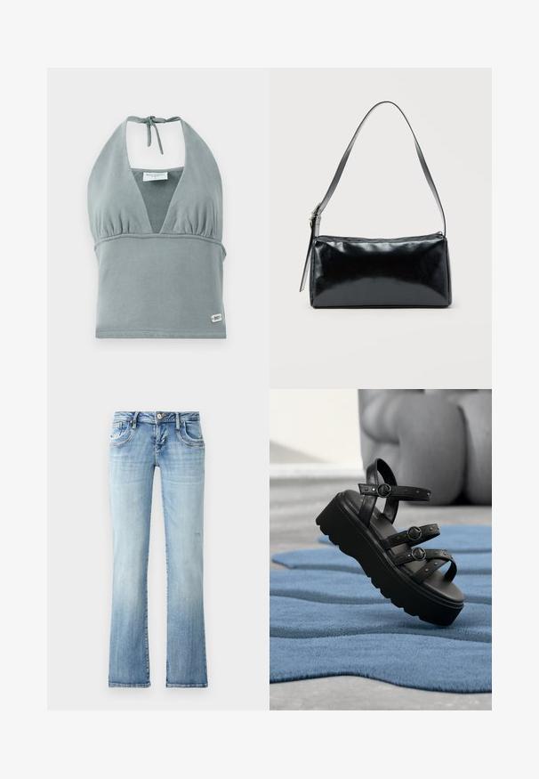 Crop top à col halter en gris doux, fabriqué en tissu doux, avec un bustier froncé, des détails en maille et une petite étiquette logo en bas.; Jean en denim bleu clair avec une coupe droite, comportant cinq poches, une fermeture à bouton et un léger dégradé dans la texture du tissu.; Sandale plateforme noire avec trois brides réglables à boucle, posée sur un tapis bleu texturé avec un arrière-plan flou.; Sac d'épaule rectangulaire noir avec une sangle réglable unique et une fermeture éclair supérieure sur un fond uni.