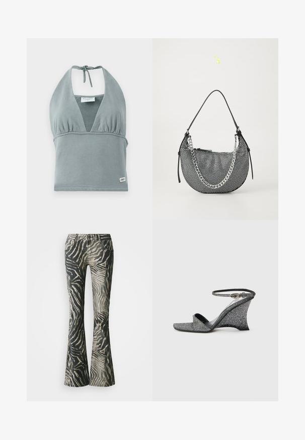 Halter-neck crop top i dæmpet grå, lavet af blødt stof, med en sammensunket buste, mesh-detaljer og et lille logo mærke ved kanten.; Bredde jeans i et sort og beige zebra mønster, fremstillet af denim materiale, med fem-lomme design og synlige syninger.; Sølvsandaler med glimmer, kilehæl, åben tå, ankelrem og guldlås, vist fra siden på en ensfarvet lys baggrund.; Sort mesh håndtaske i halvmåneform, med en sølv kædestropp og sorte læderdetaljer. Struktureret overflade med lynlåslukning.