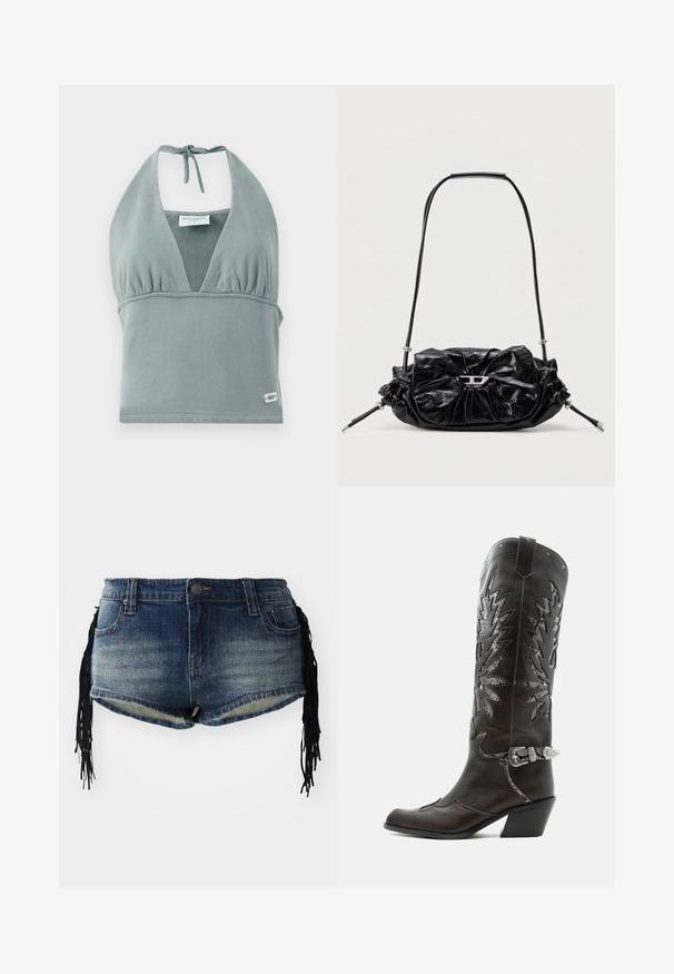 Halterneck-Crop-Top in gedämpftem Grau, aus weichem Stoff gefertigt, mit gerafftem Bustier, Netzelementen und einem kleinen Logotag am Saum.; Denim-Shorts in einem verlaufenden blauen Waschung mit ausgefranstem Saum und schwarzen Fransenverzierungen an den Seiten, mit Fronttaschen und einem Bund.; Schwarzer Leder-Cowboystiefel mit dekorativen Ausschnitten, silberner Schnalle und schräger Ferse, auf weißem Hintergrund dargestellt.; Schwarze Lederhandtasche mit gerafftem Design und Schleifendetail auf der Vorderseite. Verfügt über einen kurzen Griff und silberne Hardware-Akzente.