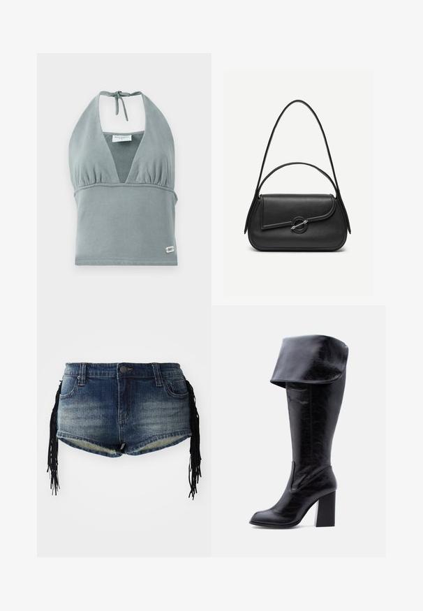 Halterneck-Crop-Top in gedämpftem Grau, aus weichem Stoff gefertigt, mit gerafftem Bustier, Netzelementen und einem kleinen Logotag am Saum.; Denim-Shorts in einem verlaufenden blauen Waschung mit ausgefranstem Saum und schwarzen Fransenverzierungen an den Seiten, mit Fronttaschen und einem Bund.; Hoher schwarzer Lederstiefel mit Absatz, umgeschlagenem Umschlag und abgerundetem Zehenbereich, steht aufrecht auf weißem Hintergrund.; Schwarze Lederhandtasche mit abgerundeten Kanten, asymmetrischem Überschlag, metallfarbenem runden Verschluss und kurzen sowie langen Schulterriemen.