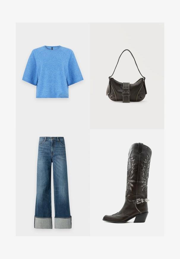 Kurz geschnittener blauer Pullover aus weichem, strukturiertem Stoff. Verfügt über kurze Ärmel und einen runden Halsausschnitt. Schlichtes, einfarbiges Design ohne Muster.; Lee STELLA - Wide Leg - richter; Schwarzer Leder-Cowboystiefel mit dekorativen Ausschnitten, silberner Schnalle und schräger Ferse, auf weißem Hintergrund dargestellt.; Schwarze Leder-Schultertasche mit Schnallengurt-Detail, abgerundeten Kanten und kontrastierenden weißen Nähten auf schlichtem Hintergrund.