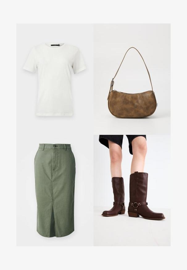 Simpel hvid T-shirt med korte ærmer og rund hals med lige kant, vist fladt mod en lys baggrund.; Olivengrøn denimnederdel med mellemlang længde, forklaring, traditionelt taljestykke med knaplukning og syet detaljering langs sømmene.; Brune læder knæhøje støvler med rund tå, struktureret overflade, ankelrem og sølvhardware detaljer; stablet hæl.; Brun faux læder skuldertaske med en buet form, en enkelt strop, kontrasterende syninger og en lynlåslukning langs den øverste kant.