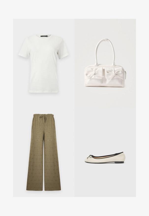 T-shirt blanc uni à manches courtes avec encolure ronde, ourlet droit, présenté à plat sur un fond clair.; Pantalon kaki à jambes larges avec motif à œillets, taille élastique et cordon, présenté sur un fond clair uni.; Ballerine en textile beige avec une bordure noire. Affiche un bout arrondi et un petit nœud en accent sur le devant. Semelle basse.; Sac à main synthétique blanc avec deux poches avant, chacune ornée d'un nœud noué. Texture lisse, anses arrondies et fermeture zippée.