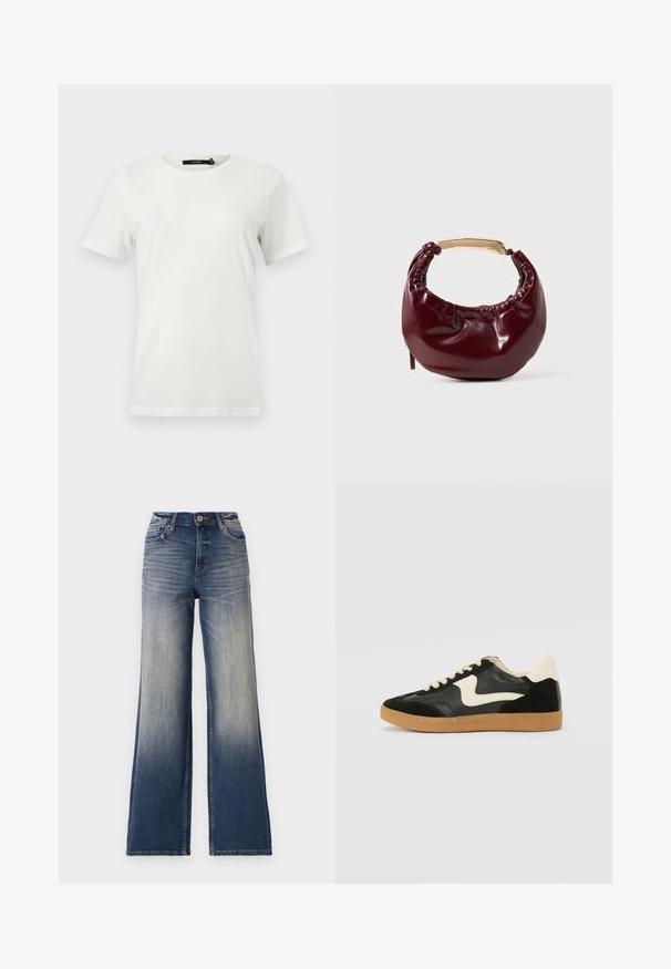 Simpel hvid T-shirt med korte ærmer og rund hals med lige kant, vist fladt mod en lys baggrund.; Højtaljede vidde ben jeans i lys til mørkeblå denim med falmende farve, med knaplukning og bæltestropper. Ren kant og ingen synlige pynt.; Sorte ruskinds- og lædersneakers med en cremefarvet side-swoosh og lys cremefarvet hæl. Har beige snørebånd og en gummirubber-sål.; Bordeaux farvet faux læder handbag med en afrundet form, samling detaljer og et guldtonet metalhåndtag. Glat tekstur og blank finish.