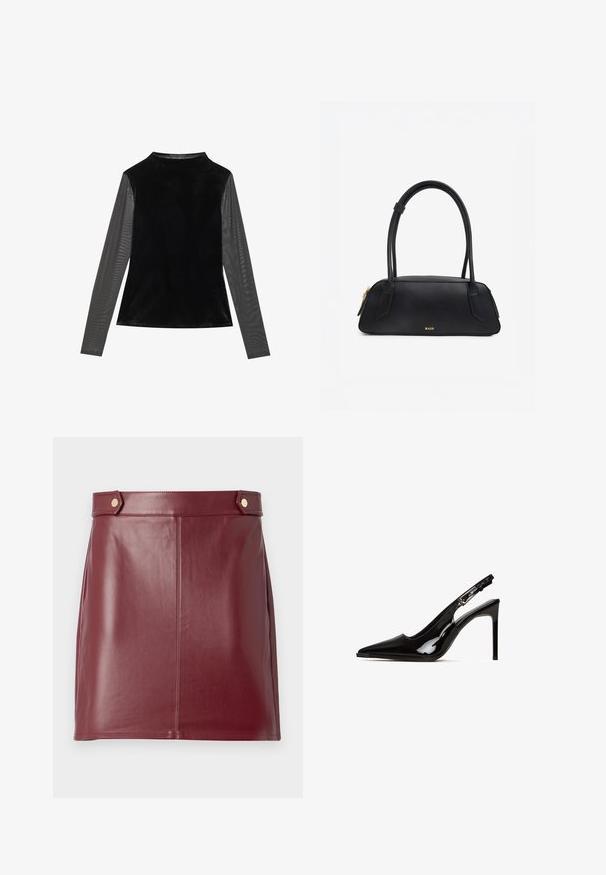 Sort velour langærmet top med gennemsigtige sorte meshærmer. Runde udskæring, glat struktur og tætsiddende design uden mønstre eller udsmykninger.; Burgundy læder mini nederdel med en glat tekstur, der har et tætsiddende design, sidepaneler og to guldtonede knapper i taljen.; Sort patentlæder slingback hæl med spids tå og stiletto hæl. Har et udsnit design og justerbar rem med metalhardware.; Sort rektangulær håndtaske med afrundede kanter, dobbelte skulderstropper, guld lynlås og "RAID" mærkelogo præget i guld på forsiden i midten.