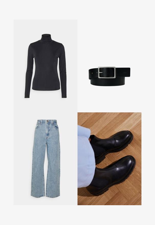 Sort turtleneck langærmet top lavet af et glat, strækbart stof. Har et tætsiddende design og en høj krave. Minimalistisk stil, ingen synlige mønstre.; Lyseblå vidde denimjeans med høj talje, frontknap, lynlås og femlomme-design på ensfarvet baggrund.; Sorte ankelstøvler lavet af glat læder med elastiske sidepaneler, en tekstureret gummisål og kontraststing langs kanten.; Sort læderbælte med sølv rektangulært spænde og flere justeringshuller, lagt fladt på en hvid baggrund.