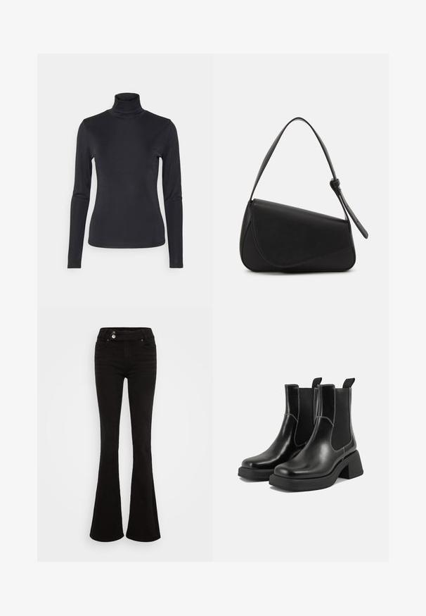 Schwarzes Langarm-Turtleneck-Oberteil aus einem glatten, dehnbaren Stoff. Hat ein figurbetontes Design und einen hohen Kragen. Minimalistischer Stil, keine sichtbaren Muster.; Schwarze, ausgestellte Jeans aus Denim mit hoher Taille, doppeltem Knopfverschluss, zwei Vorder- und einer glatten Textur.; Schwarze Leder Chelsea-Stiefel mit einem klobigen Absatz, elastischen seitlichen Einsätzen und kontrastierendem weißen Nähten. Strukturierte Oberfläche.; Schwarze Lederhandtasche mit dreieckiger Form, schrägem Klappdeckel und rundem Oberhandgriff. Verfügt über eine glatte Textur und minimalistische Designdetails.