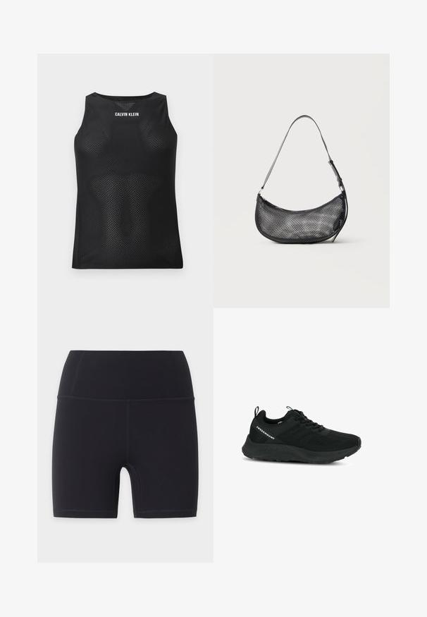 Zwart mouwloos mesh tanktop met wit "Calvin Klein" logo gecentreerd op de bovenborst.; Zwarte, hoge taille atletische fietsshorts met platte naden, ontworpen voor een strakke pasvorm en een lengte tot halverwege het bovenbeen.; Zwarte sportschoen met een textuur bovenwerk, meshpanelen en een gewatteerde zool. Voorzien van veters en een trekkraag aan de hiel voor gemakkelijk aan- en uittrekken.; Kleine zwarte mesh schoudertas in halve maanvorm met verstelbare dunne band, tegen een effen lichte achtergrond.