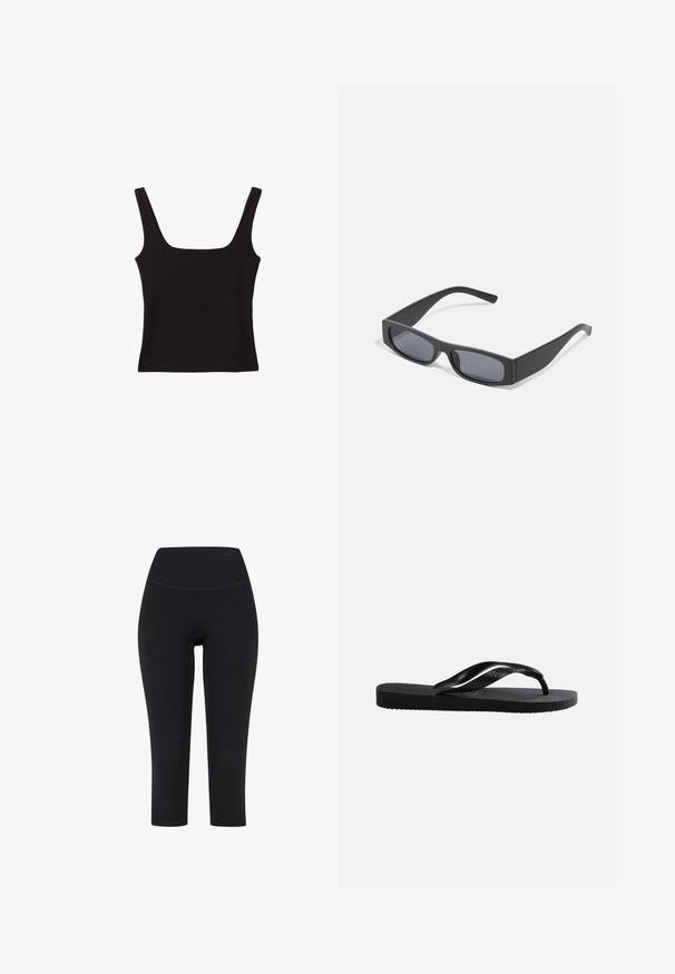 Top noir sans manches avec un décolleté carré, fabriqué en coton lisse, doté de bretelles épaisses et d'une silhouette ajustée.; Leggings noires trois quarts en tissu extensible, avec une taille haute et sans motifs ni éléments visibles.; Tongs en caoutchouc noir avec semelle texturée et bride en Y lisse sur un fond clair uni.; Lunettes de soleil noires rectangulaires avec des verres foncés et des montures en mat épais. Les branches sont légèrement effilées avec une texture lisse.