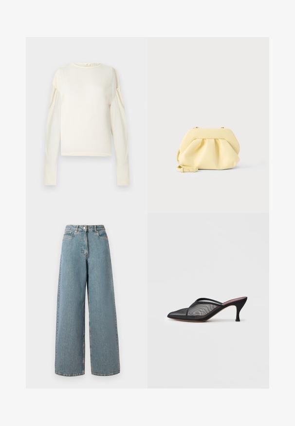 Roomkleurige top met lange mouwen, gemaakt van zachte stof. Voorzien van een ronde hals en opgeblazen mouwen. Eenvoudig ontwerp, zonder zichtbare patronen of details.; Hogewaisted, lichtblauwe wijdvallende denim jeans met een ritssluiting aan de voorkant, knoopsluiting en zakken aan de voorkant.; Zwarte gaas mule met pointed toe, dunne bandjes en een 7,5 cm hoge stilettohak. Kenmerkt zich door een doorschijnende textuur en een effen tonale zool.; Zachte gele leren clutch met geplooid ontwerp en een afneembare band, afgebeeld tegen een effen lichte achtergrond.