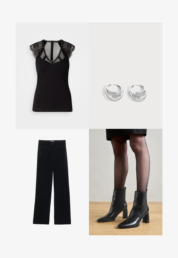 Haut sans manches noir avec des accents en dentelle sur les épaules et un panneau en mesh transparent à pois au niveau du décolleté et du dos.; Pantalons larges en velours noir avec deux poches arrière et une texture lisse, présentant une coupe droite et une finition ourlée aux chevilles.; Bottines en cuir noir avec un bout pointu, un talon carré épais et un design élégant. Présente des panneaux latéraux élastiques pour un enfilage facile.; Paire de boucles d'oreilles anneaux en argent poli avec un design de barre incurvée superposée sur un fond clair uni.