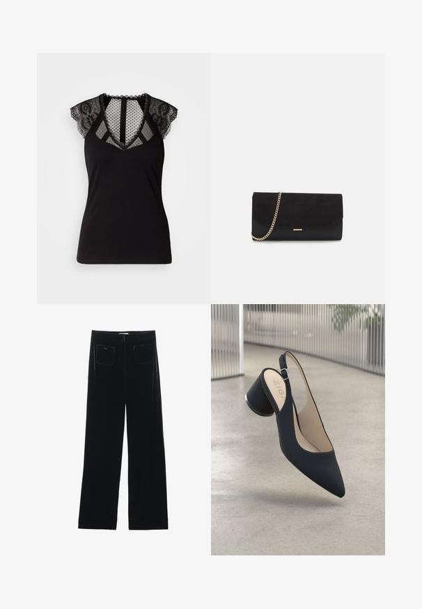 Top negro sin mangas con acentos de encaje en los hombros y un panel de malla transparente con lunares en el escote y la espalda.; Pantalones de terciopelo negro de pierna ancha con dos bolsillos traseros y una textura suave, con un corte recto y un acabado dobladillo en los tobillos.; Zapato de tacón alto negro tipo slingback con puntera afilada, textura suave, y un acento metálico en el tacón, con una pequeña hebilla ajustable.; Bolso de mano negro hecho de ante con un acabado texturizado, que presenta una cadena dorada y un diseño elegante y angular.