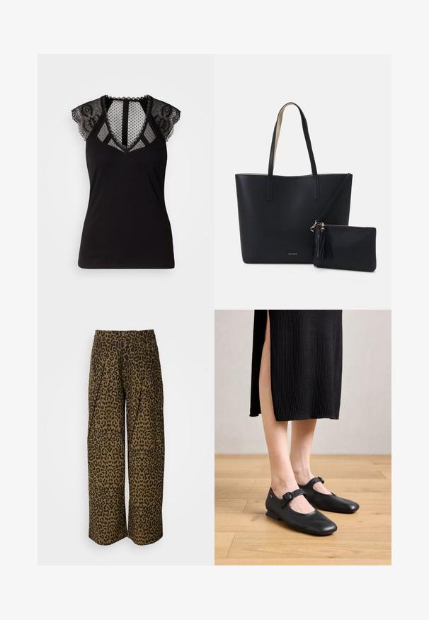 Top negro sin mangas con acentos de encaje en los hombros y un panel de malla transparente con lunares en el escote y la espalda.; Pantalones de pierna ancha en un estampado de leopardo marrón y negro. Presenta una cinturilla alta y un diseño plisado. Tela suave con una textura lisa.; Bailarinas negras de charol con un pequeño tacón, que presentan una punta redondeada y un detalle de hebilla lateral. El diseño texturizado realza su atractivo visual.; Bolsa tote negra con material texturizado, dos asas largas y un bolso con cremallera removible que cuenta con un detalle de borlas. Logo de la marca en dorado visible.