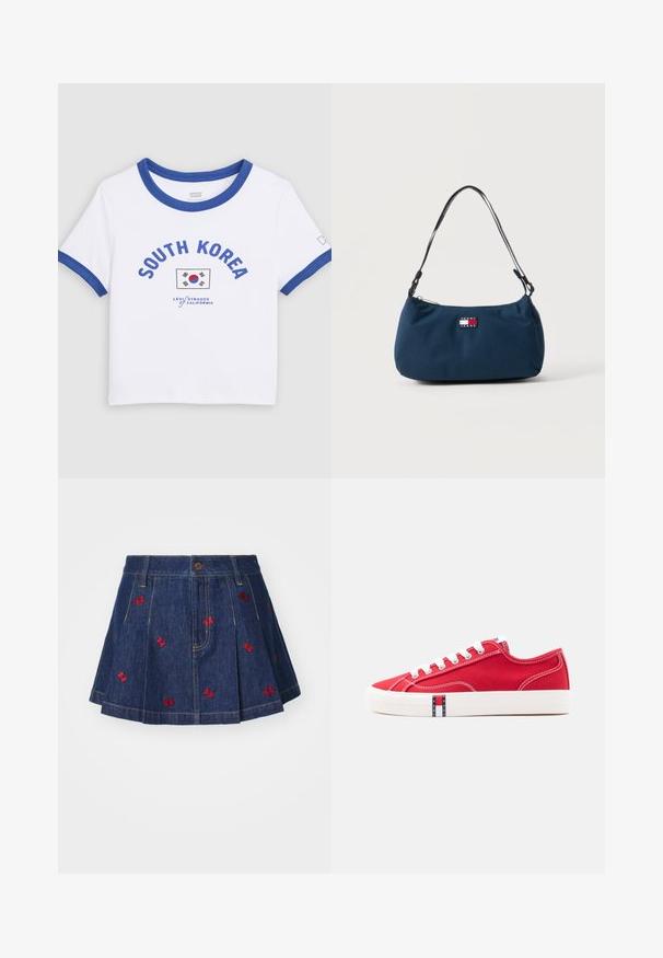 Camiseta blanca de manga corta con cuello y puños azules, con la inscripción "SOUTH KOREA", la bandera de Corea del Sur y el logotipo de Levi Strauss California.; Falda de mezclilla con pliegues y un lavado oscuro, con detalles de mariposas bordadas en rojo y un clásico diseño de cinco bolsillos con cierre de botón frontal.; Zapatilla de lona roja de perfil bajo con cordones y suela blancas, con el logo "Tommy Jeans" en el lateral y costuras de contraste blancas.; Pequeña bolsa de hombro azul marino con una correa negra y un parche con el logo de Tommy Jeans en el centro delantero.