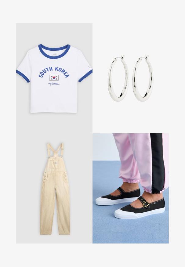 Witte T-shirt met korte mouwen en een blauwe kraag en manchetten, met de tekst "SOUTH KOREA", de Zuid-Koreaanse vlag en het Levi Strauss California logo.; Lichtbeige overall van denim, met een vierkante zak, verstelbare banden, drukknoopsluitingen aan de zijkant en een wijde pijp.; Zwarte canvas schoenen met een witte zool, met een uitgesneden ontwerp en een gouden gespband. Draagt met roze joggingsbroek.; Zilveren oorbellen in de vorm van een gladde, glanzende ring. Circulaire vorm, voorzien van een veilige sluiting. Eenvoudig en elegant ontwerp.