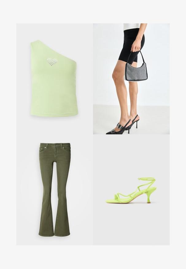 Haut asymétrique en tissu vert clair avec une texture lisse. Présente un motif en forme de cœur en strass argentés au niveau de la poitrine.; Jean évasé taille haute couleur vert olive avec poches avant, passants pour ceinture, fermeture par bouton et surpiqûres blanches visibles sur fond blanc.; Sandale à talons hauts vert fluo avec un bout carré, des fines lanières, une boucle à la cheville et un talon courbé. Matériau lisse avec une finition brillante.; Sac à main à perles noires avec une silhouette courbée, une poignée de transport et une texture brillante. Porté avec des chaussures à talons hauts noires et un short noir ajusté.