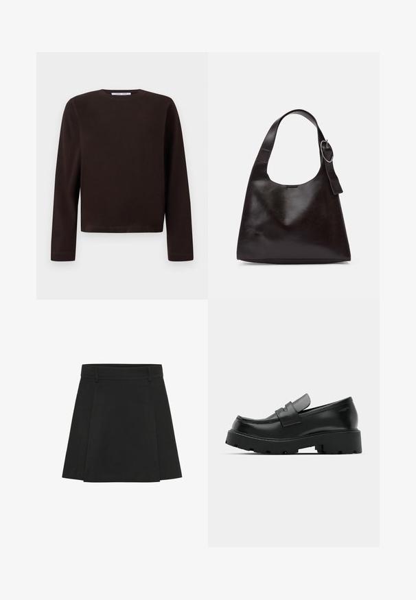 Sweat-shirt à manches longues, col rond, de couleur brun foncé avec un ourlet droit, présenté sur un fond blanc uni.; Jupe plissée noire avec une taille structurée. Fabriquée à partir d'un tissu texturé, elle présente des plis distincts et un ourlet droit.; Mocassins en cuir noir avec une semelle épaisse et texturée, dotés d'une sangle sur le vamp et d'une finition lisse et polie.; Sac en cuir marron porté épaule avec une texture lisse, une forme arrondie, une large sangle et un accent métallique circulaire sur la poignée.