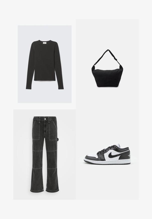 Sort langærmet t-shirt med rund hals og slank pasform, lagt fladt på en lys grå baggrund.; BDG Urban Outfitters UTILITY SKATE - Jeans Relaxed Fit - washed black; Sorte og hvide Nike lavtoppede sneakers har en glat læderoverdel, rund tå, snørelukning og en mønstret gummisål.; Sort stof skuldertaske med en blød tekstureret overflade, rund form og en enkelt rem. Minimalistisk design uden synligt hardware eller accenter.