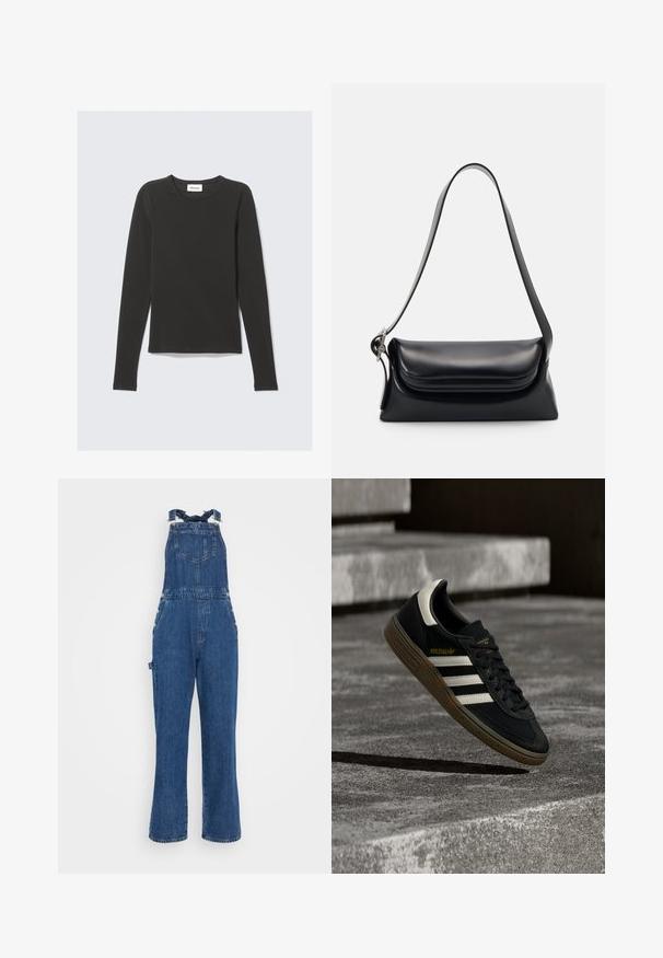 T-shirt noir à manches longues avec col rond et coupe ajustée, posé à plat sur un fond gris clair.; Salopette en denim avec bretelles réglables, poche avant et détails de boutons sur les côtés. Couleur bleu foncé et design à jambe droite avec une texture délavée.; Baskets Adidas noires avec des bandes blanches et une semelle en gomme flottant au-dessus d'escaliers en béton gris sous une lumière naturelle.; Sac à main en cuir noir avec une forme structurée, une texture lisse et une seule bandoulière. Présente un design de rabat arrondi et subtil.