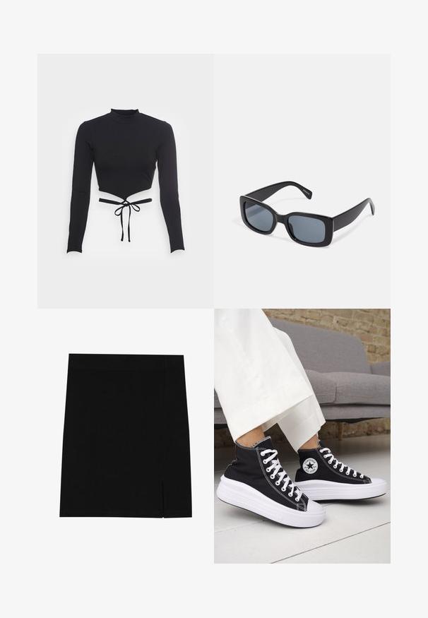 Even&Odd T-shirt à manches longues - black; Mini-jupe noire en tissu doux avec une coupe ajustée, présentant une légère fente sur le côté pour plus de style.; Baskets montantes noires avec semelles et lacets en caoutchouc blanc. Dotées d'un patch logo rond et de surpiqûres blanches contrastantes. Matière en toile.; Lunettes de soleil rectangulaires noires avec des verres teintés foncés, monture en plastique épaisse et branches larges. Surface lisse et design angulaire.