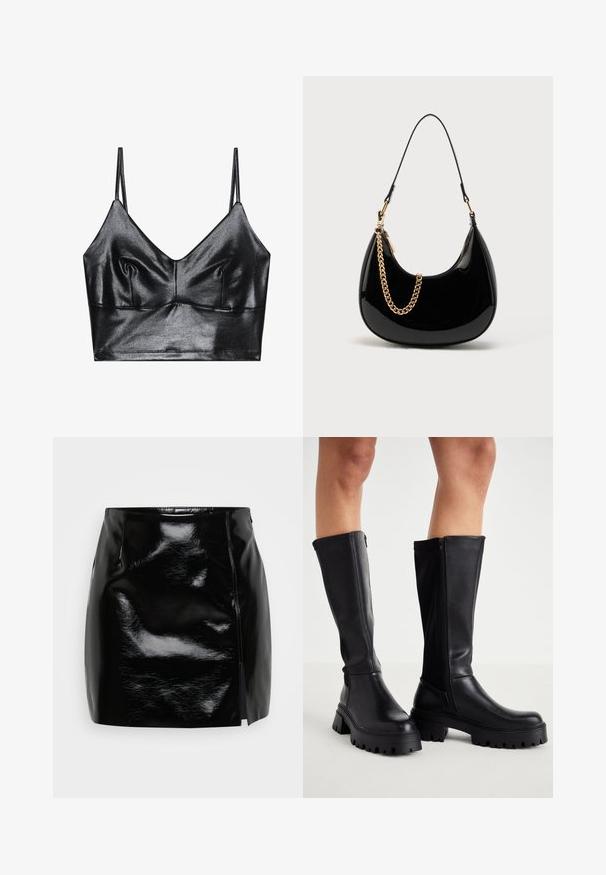Zwarte, glanzende bralette met dunne verstelbare bandjes, met een V-halslijn, een gladde textuur en subtiele plooitjes bij de buste voor vorm.; Zwarte mini-skirt gemaakt van glanzend materiaal. Heeft een zijrits en een split aan de rechterzijde voor extra detail en ontwerp. Gladde textuur.; Zwarte kniehoge laarzen van glad synthetisch leer met een dikke zool, zijrits en een ronde neusontwerp.; Zwarte handtas van lakleer met een gebogen vorm, dunne schouderriem en een gouden kettingdetail aan de voorkant. Gladde textuur, minimalistisch ontwerp.