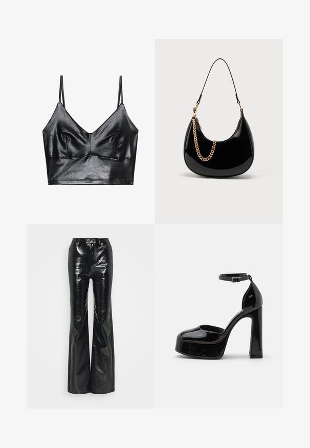 Bralette noire et brillante avec des fines bretelles réglables, présentant un décolleté en V, une texture lisse et un léger plissé au niveau de la poitrine pour la forme.; Pantalons évasés en simili cuir noir avec une finition brillante, dotés d'une taille haute, de poches avant et de détails en métal argenté.; Talons compensés en cuir verni noir avec une bride à la cheville, bout arrondi et talon épais, affichant une texture lisse et brillante.; Sac à main en cuir verni noir avec une forme courbée, une fine bandoulière et un accent chaîne dorée sur le devant. Texture lisse, design minimaliste.
