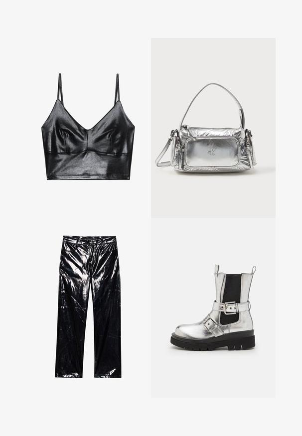 Sorte, skinnende bralette med tynde justerbare stropper, der har en V-udskæring, glat tekstur og subtil samling ved brystet for form.; Sorte, højglans, faux læderbukser med brede ben, klassisk fem-lomme design, knap- og lynlåslukning samt blank overflade.; Sølvmetallic ankelstøvle med en sort elastisk sidepanel, kraftig sort sål og en rem med en spænde detalje. Glat tekstur finish.; Metallic sølv håndtaske med rektangulær form, toplynlås og frontlomme. Har en kort håndtag og justerbar rem. Struktureret overflade.