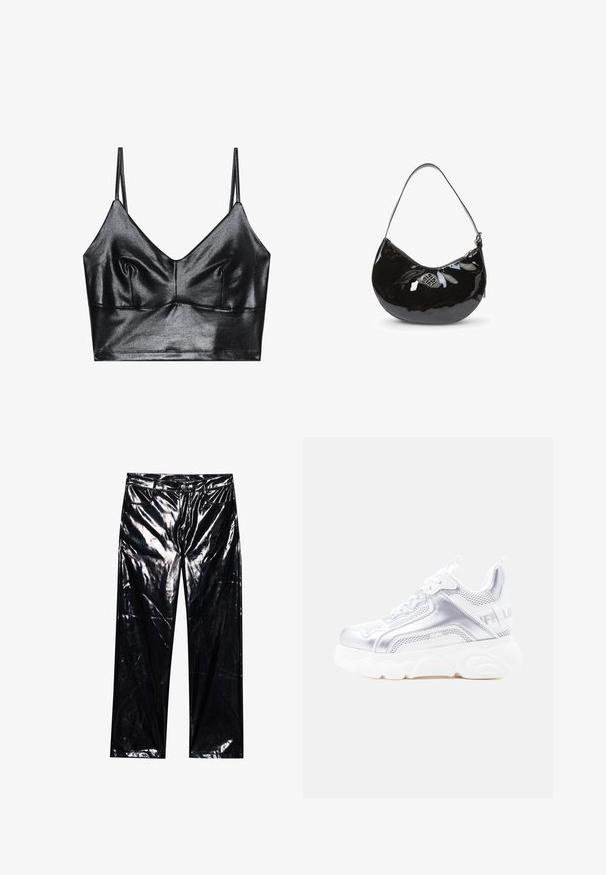 Schwarzer, glänzender Bralette mit dünnen verstellbaren Trägern, V-Ausschnitt, glatter Textur und dezentem Gather an der Brust für eine schöne Form.; Schwarze, hochglänzende, Kunstlederhosen mit weitem Bein, klassischem Fünf-Taschen-Design, Knopf- und Reißverschluss sowie glänzender Textur.; Weißer und silberner klobiger Sneaker mit dicker, strukturierter Sohle, Mesh- und synthetischen Einsätzen, abgerundetem Zehenbereich und Zuglasche an der Ferse.; Schwarze Handtasche aus lackiertem Leder mit gewölbter Form, einem einzelnen Schulterriemen, Reißverschluss und einem dekorativen Metalllogo. Glatte Oberfläche.