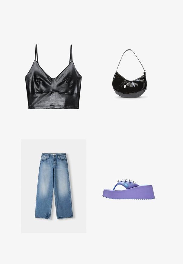 Schwarzer, glänzender Bralette mit dünnen verstellbaren Trägern, V-Ausschnitt, glatter Textur und dezentem Gather an der Brust für eine schöne Form.; Hellblaue Jeans mit entspanntem Schnitt, weitem Bein und ausgewaschenen Abschnitten. Hergestellt aus Denim mit klassischem Fünf-Taschen-Design und knöpfbarem Bund.; Lila Flip-Flop-Sandale mit silbernen Schmetterlingsverzierungen am Riemen und einer strukturierten Sohle.; Schwarze Handtasche aus lackiertem Leder mit gewölbter Form, einem einzelnen Schulterriemen, Reißverschluss und einem dekorativen Metalllogo. Glatte Oberfläche.