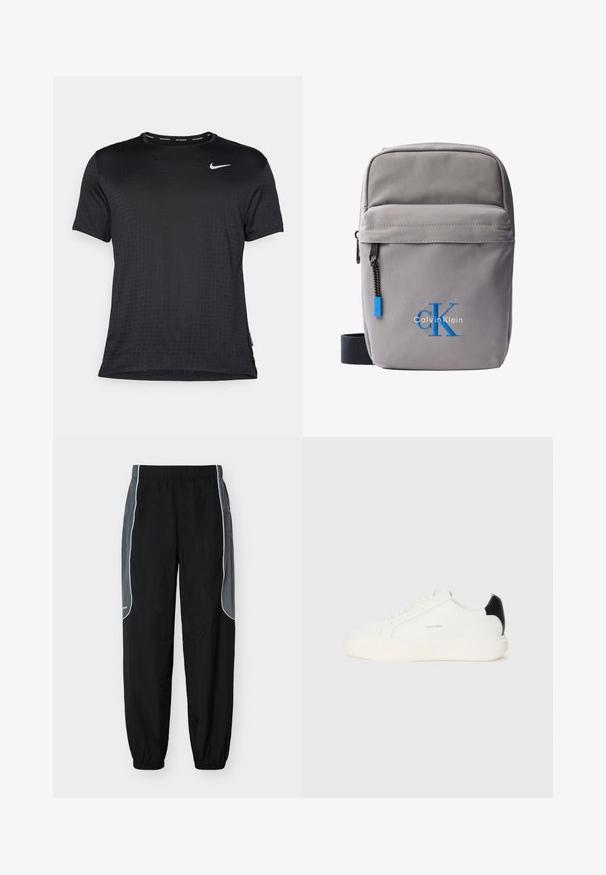Sort atletisk T-shirt med korte ærmer, rund hals, åndbart stof, diskret mønster af hævede prikker og et lille hvidt Nike-logo på brystet.; Sorte træningsbukser med mørkegrå sidelommer og hvid piping, elastisk talje og benafslutninger, vist mod en hvid baggrund.; Hvide lædersneakers med en sort accent på hælen, rund tå, flade snørebånd og en tyk hvid sål. Calvin Klein-logoet vises.; Lille grå Calvin Klein crossbody-taske med lynlåslomme foran, sort rem og blå "cK"-logo broderet.