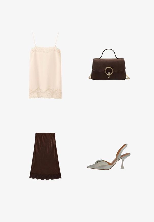 Beige satin camisole med blondekant, tynde justerbare skulderstropper, blomsterblonde detalje ved halsudskæring og kant.; Brun nederdel lavet af tekstureret stof med en bølget blondenederkant og et glat øverste afsnit, knælængde.; Hvide satin slingback sko, spidse tå, udsmykket med sølvperler. Har en slank, klar hæl og en struktureret, dekorativ detalje på overdelen.; Brun ruskinds håndtaske med et struktureret design, der har en guldcirkel hardwaredetalje og et kort topgreb samt en kædestrop.