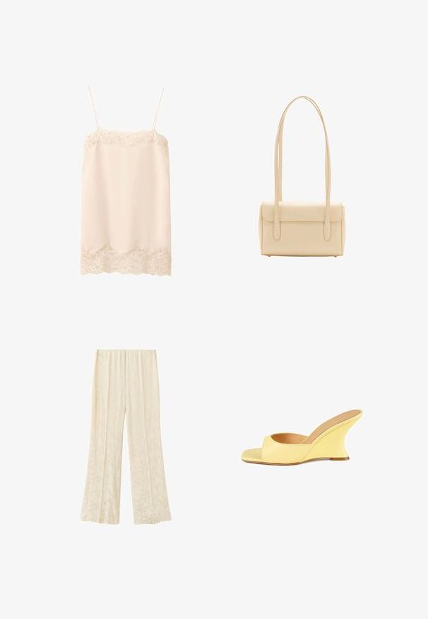 Caraco en satin beige bordé de dentelle, fines bretelles réglables, détail en dentelle florale au niveau de l'encolure et de l'ourlet.; Pantalon large couleur crème avec motifs floraux subtils et taille élastique, présenté sur fond blanc.; Sandal en wedge jaune avec un design à bout ouvert, partie supérieure en cuir lisse, talon wedge courbé et une semelle intérieure texturée.; Sac à épaule rectangulaire beige avec longues bretelles doubles et fermeture à rabat, présenté sur fond blanc.