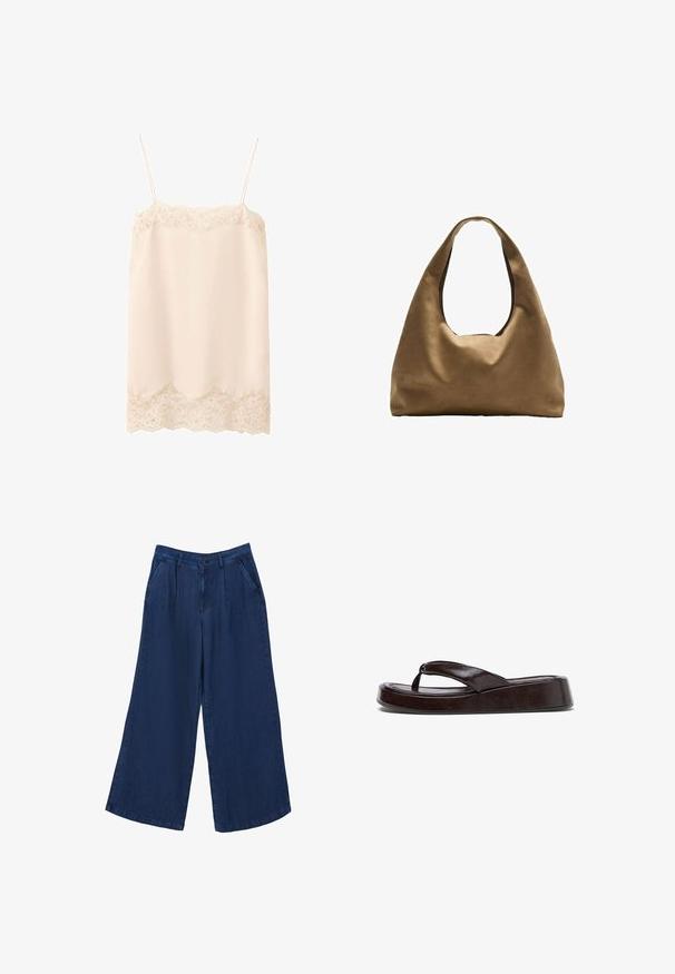 Beige Satin-Camisole mit Spitzenbesatz, dünnen verstellbaren Schulterträgern, floraler Spitzenverzierung am Ausschnitt und Saum.; Weite Jeanshose in Dunkelblau. Sie verfügt über zwei Fronttaschen, einen Knopfverschluss und hat eine glatte Textur mit einem leichten Stoff.; Dunkelbraune Plateau-Zehentrenner-Sandale mit dicker, gepolsterter Sohle und breiten Lederriemen, seitlich auf weißem Hintergrund dargestellt.; Braune Stoffschultertasche mit einem breiten, runden Körper und einem großen Ausschnittgriff. Sanfte Textur, minimalistisches Design und keine sichtbaren Beschläge.