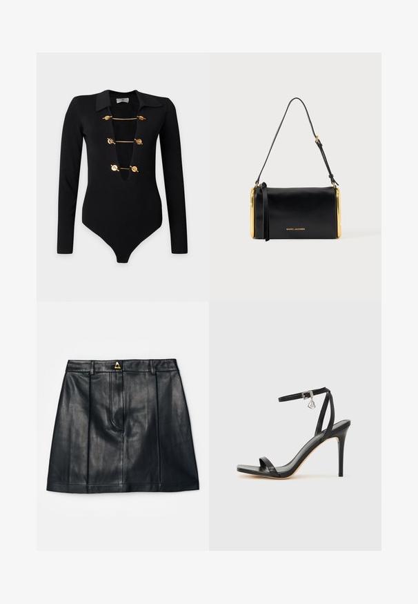Schwarzer langärmeliger Body mit tiefem V-Ausschnitt, gesichert durch drei goldene Knebelverschlüsse und klassischem Kragen.; AERON RUDENS SKIRT - A-Linien-Rock - black; Schwarze High-Heel-Sandale mit schmalem Knöchelriemen, quadratischer Zehenbox, glattem Leder und metallischem Schnallenakzent.; Schwarze Leder-Marc Jacobs Schultertasche mit goldfarbenen Metallrahmenseiten und verstellbarem Träger auf einfarbigem Hintergrund.