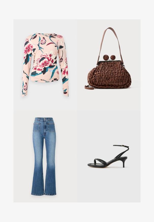 Diane von Furstenberg LONG SLEEVE SHIRT - Langærmet T-shirt - light pink; Bredde blå denim jeans med høj talje, der har to baglommer og en falmet vask. Nederkanten er syet med et subtilt design.; Sort damesandal i læder med tynde remme, en tå-loop, ankelspænde og en mellemhøj stiletthæl på en neutral baggrund.; Brun flettet læderhåndtaske med en enkelt strop og to store runde trælukninger på toppen.