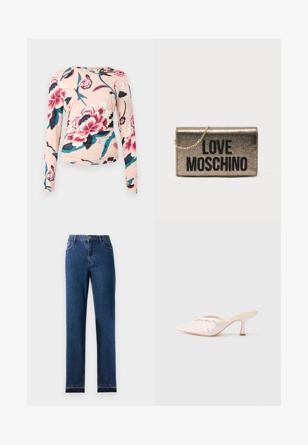 Diane von Furstenberg LONG SLEEVE SHIRT - Langærmet T-shirt - light pink; Blå denim jeans med lige ben-design, fem lommer og en knap-lukning. Har kontrast søm og en let falmning.; Mulesko i lyst beige stof med et knyttet design foran, spids tå og en slank, tilspidset hæl. Glat tekstur over det hele.; Metallisk guld clutchtaske med kæderem. Har fed sort tekst "LOVE MOSCHINO" på forsiden. Glat tekstur, rektangulær form.