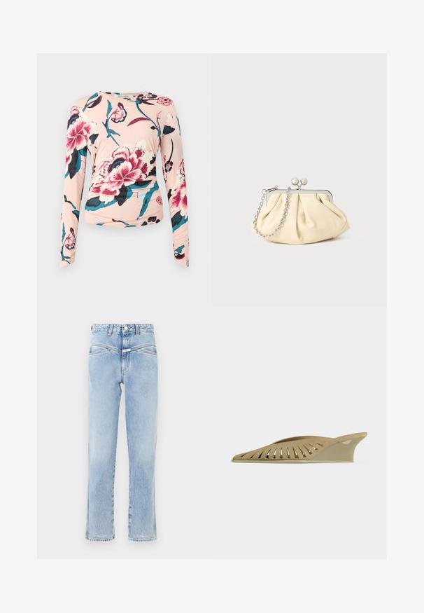 Diane von Furstenberg LONG SLEEVE SHIRT - Langærmet T-shirt - light pink; Lys blå denim jeans med høj talje og lige pasform. Har subtil falming, standard fem-lomme design og metalknaplukning.; Beige kile-mule med udskæringsdesign langs siden, med spids tå og lav hæl.; Plisseret beige læderclutch med en sølvmetalramme, der har to runde dekorative låse og en sølvkædetrasporte.