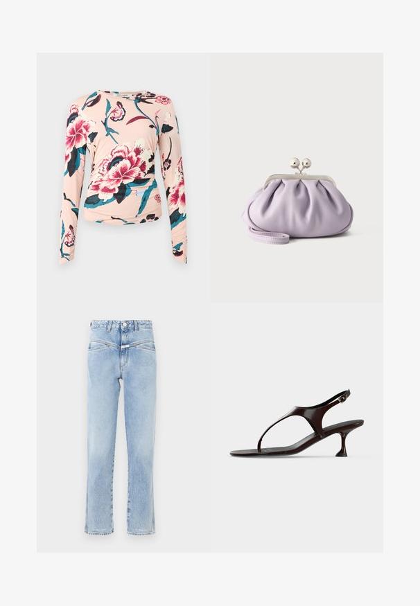 Diane von Furstenberg LONG SLEEVE SHIRT - Langærmet T-shirt - light pink; Lys blå denim jeans med høj talje og lige pasform. Har subtil falming, standard fem-lomme design og metalknaplukning.; Mørkebrun laklædersandal med rem bagpå, lille hæl og tårem på hvid baggrund.; Blød lavendel clutch med opsamlet stof, sølv kiss-lock lås og matchende håndledsrem på en ensfarvet lys baggrund.