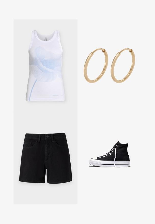 Hvid ærmeløs ribstrikket tank top med et stort, lyseblåt valmueblomstermotiv centreret foran.; Sorte denimshorts med en klassisk pasform, der har en lukning med knap foran, traditionelle lommer og en glat tekstur.; Sort high-top canvas sneaker med hvid gummisål og hvide snørebånd, vist fra siden mod en hvid baggrund.; Guldøreringe med en glat, poleret overflade. Rund form, mellemstor, med en sikker lukkemekanisme.