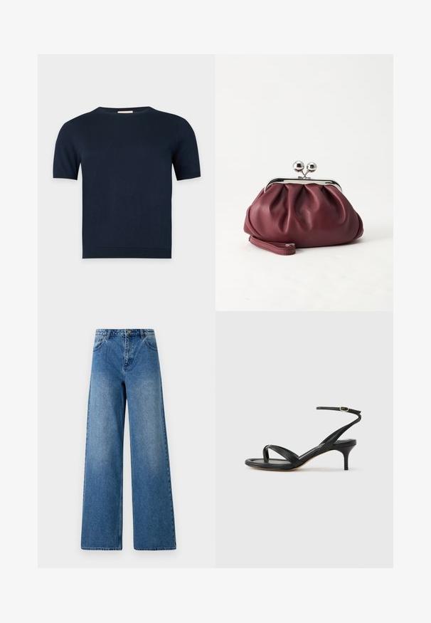 Donkerblauwe kortemouwen gebreide trui met ronde halslijn en geribde boorden en zoom op een effen lichte achtergrond.; Wijduitlopende jeans van blauwe denim. Heeft een hoge taille, vijf zakken en een sluiting met een knoop aan de voorkant. Glad textuur met lichte vervaging.; Zwarte leren dames sandaal met dunne bandjes, een teengreep, een enkelgesp en een stilettohak van gemiddelde hoogte op een neutrale achtergrond.; Kleine bordeauxrode leren clutch-portemonnee met zilverkleurige metalen sluiting en polsbandje op een witte achtergrond.