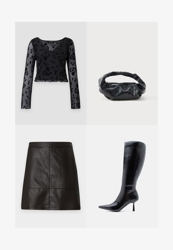 Haut à manches longues noir en tissu transparent avec un motif floral, décolleté en V et ourlet festonné. Détail de design croisé à l'avant.; Jupe mini en simili cuir noir avec une texture lisse, une forme structurée et des coutures détaillées. Aucun matériel ou accent visible.; Bottes noires à talons aiguilles montantes, avec une finition en cuir brillant, un bout pointu et un talon effilé, présentant une surface lisse et un design élégant.; Sac noir en matériau texturé et brillant avec une poignée circulaire torsadée et une fermeture éclair. Présente un design doux et froissé.