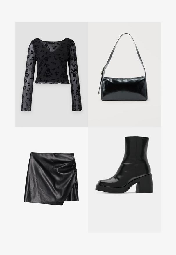 Haut à manches longues noir en tissu transparent avec un motif floral, décolleté en V et ourlet festonné. Détail de design croisé à l'avant.; Jupe mini en cuir noir avec un design portefeuille, affichant une texture douce et lisse ainsi que des détails de drapés subtils sur un côté.; Bottines noires à finition brillante, bout carré et épais talon bloc. Le design présente une silhouette homogène et un branding minimal.; Sac d'épaule rectangulaire noir avec une sangle réglable unique et une fermeture éclair supérieure sur un fond uni.